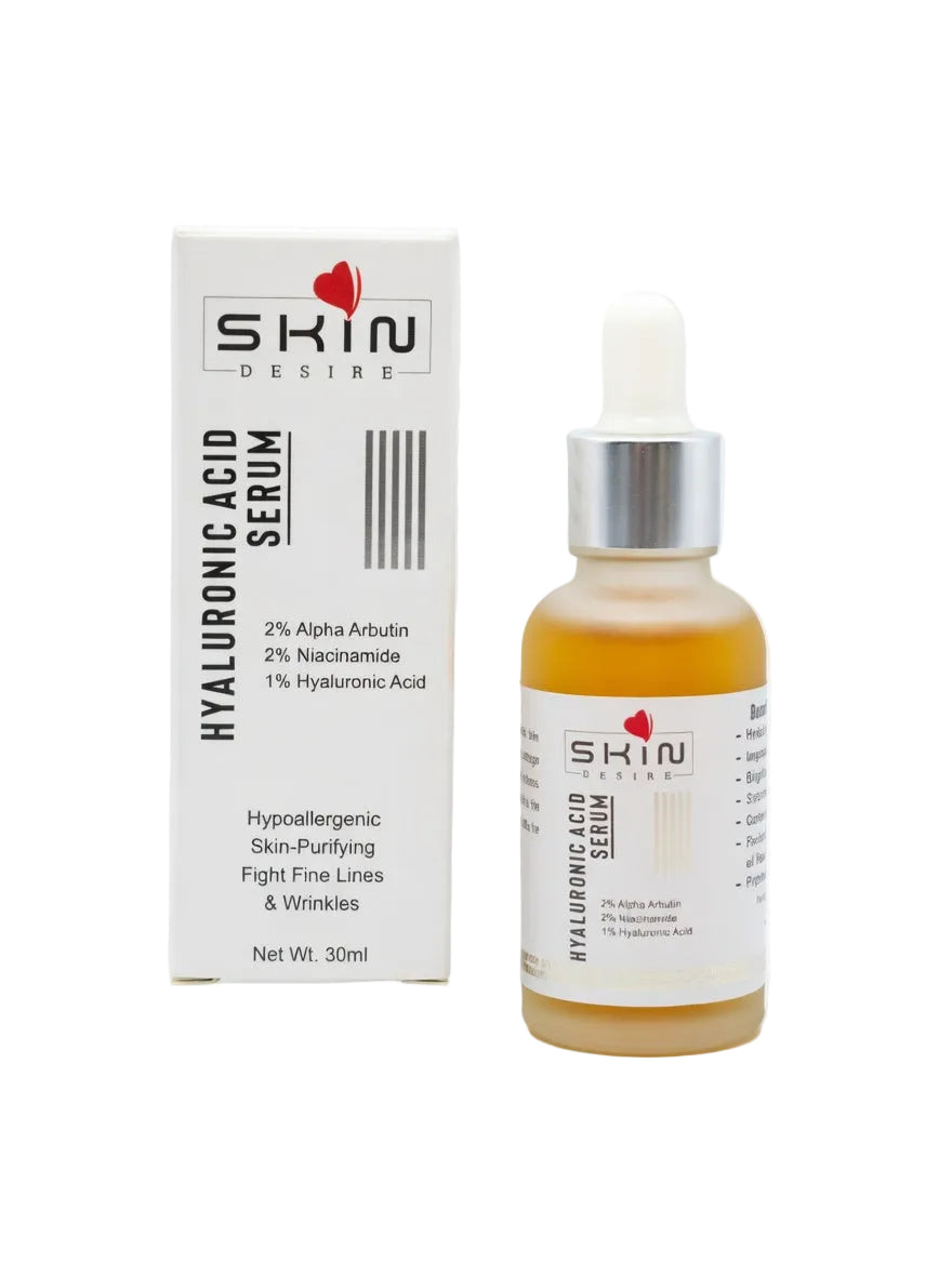 Hyaluronic acid serum bottle and packaging with 'Skin Desire' branding on a white background.
