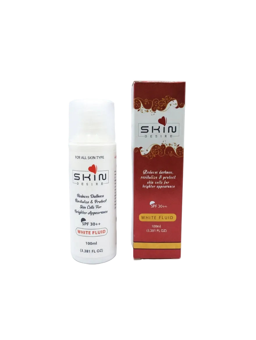 Skin Desire SPF 30++ White Fluid White bottle and red box of 'Skin' product on a white background