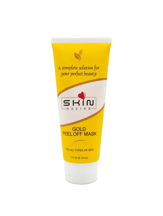 Gold peel off mask tube with 'Skin Desire' branding on a white background