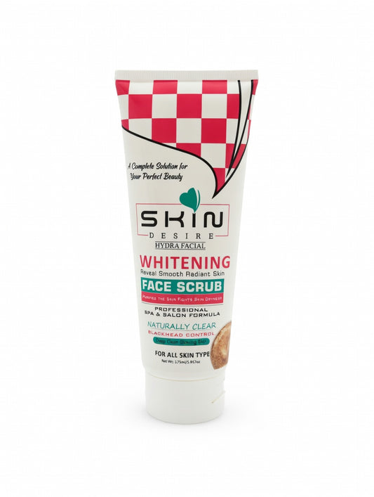 Tube of Skin Desire Whitening Face Scrub with checkered design on a white background